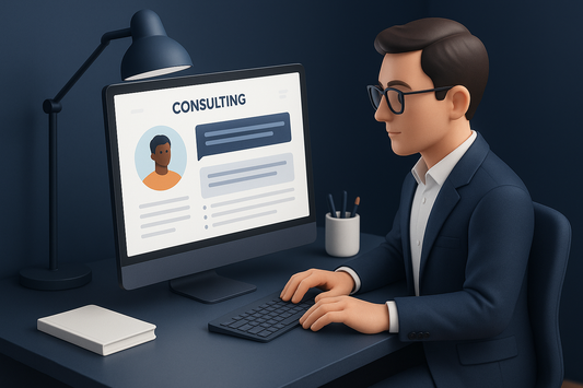 Modelo 3D para representar en qué consiste una consultoría personalizada con nosotros, lo hacemos por el ordenador, hazlo con estilo Clymera, es para ponerlo como segunda imagen del producto